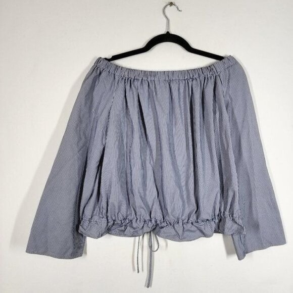 Theory Odettah Seersucker Off the Shoulder Top Blue White Stripe Summer Coastal - Picture 3 of 9